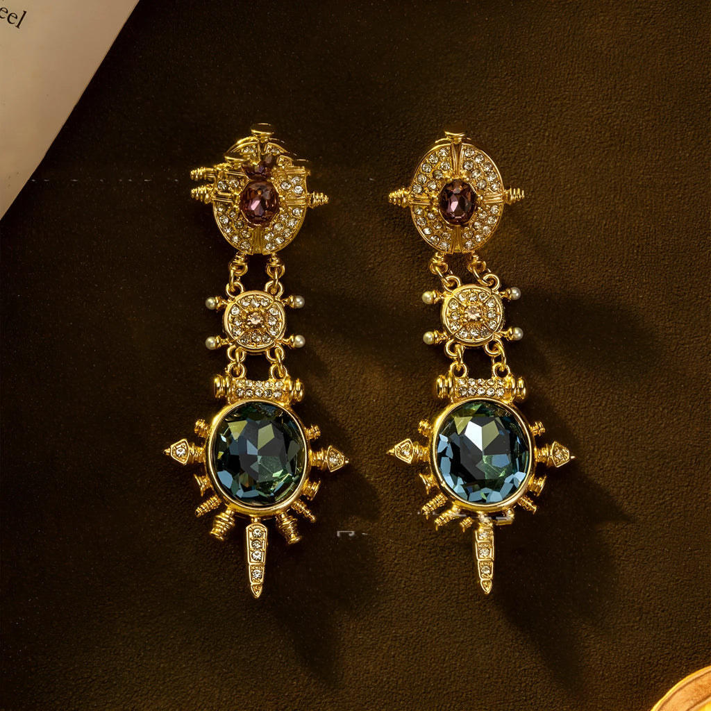 Geometric court style retro stud earrings with gold finish and round elements