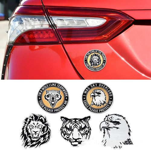 Aluminium car badge sticker featuring an eagle, lion, tiger, or wolf head design for vehicle exterior modification.