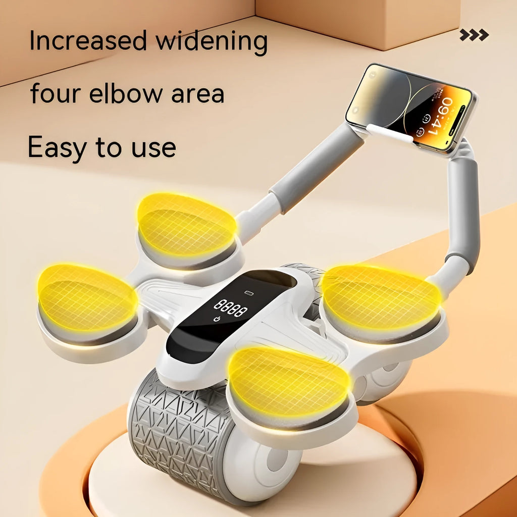 White fitness roller with LCD screen for belly contracting and calorie counting workouts