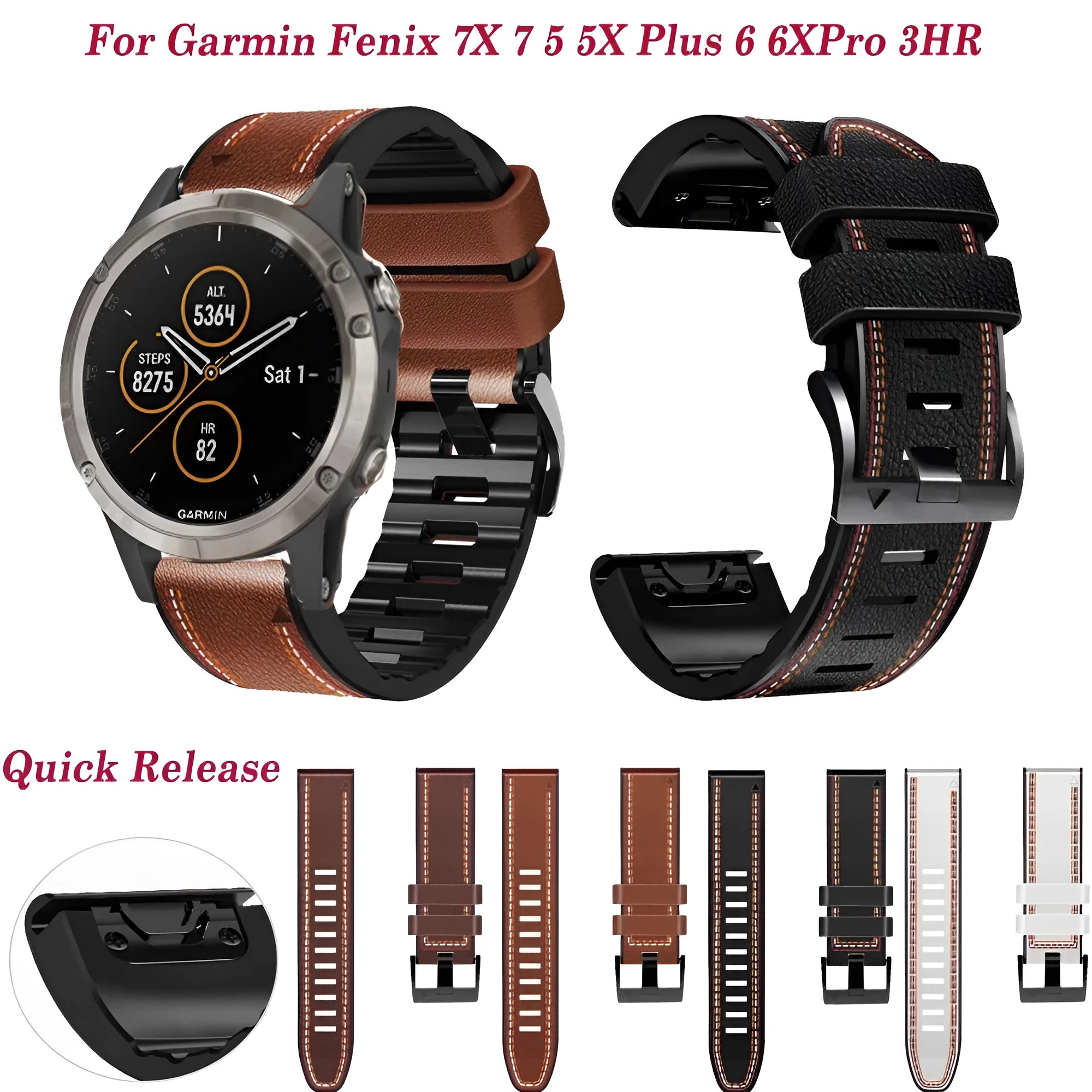Silicone leather quick release watchband for Garmin Fenix smartwatches in multiple colours