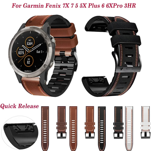 Silicone leather quick release watchband for Garmin Fenix smartwatches in multiple colours