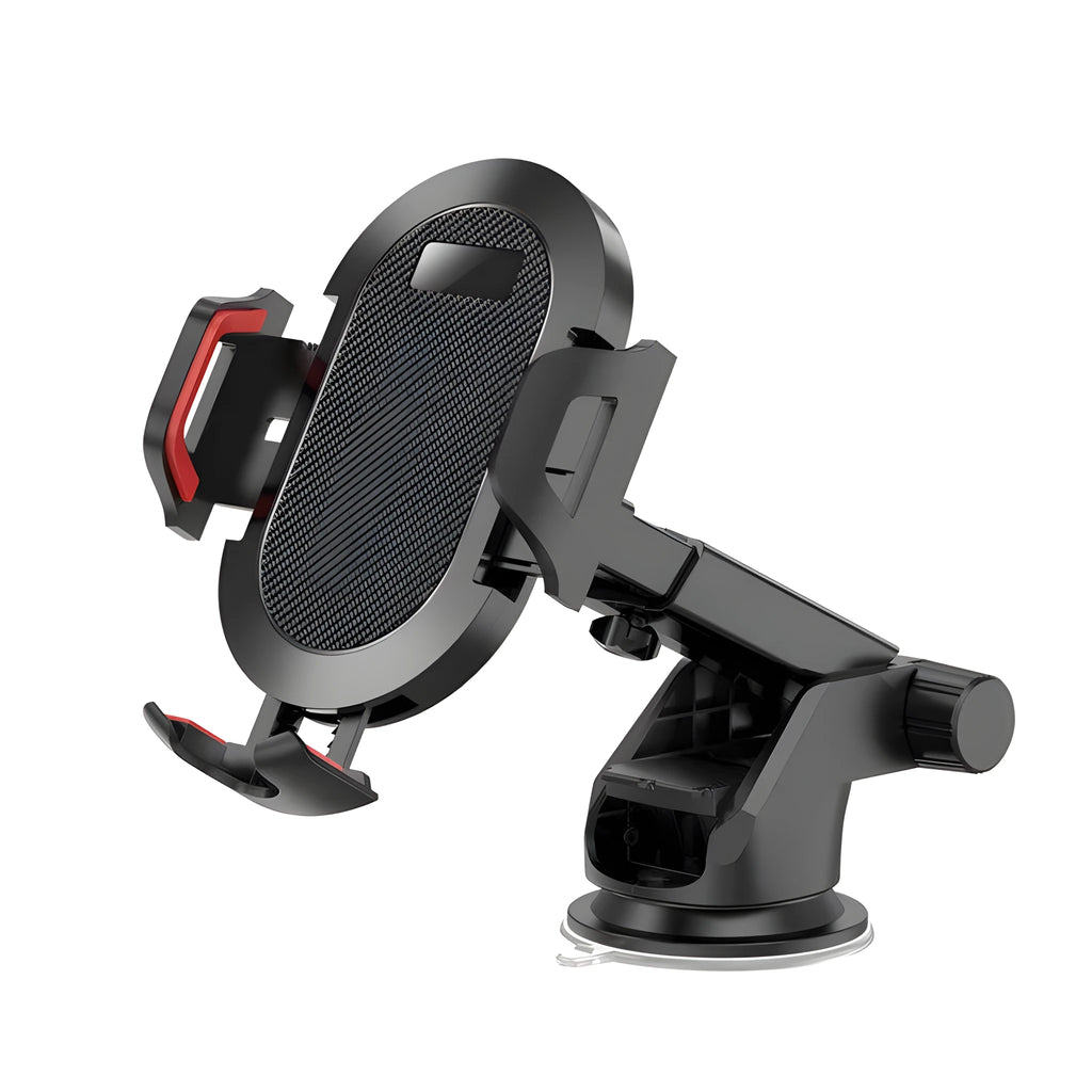 Black and grey auto lock car phone holder mounted on a car air vent, holding a mobile phone.