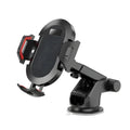 Black and grey auto lock car phone holder mounted on a car air vent, holding a mobile phone.