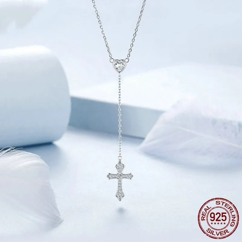 Simple V-neck love cross necklace with 925 silver pendant and O-ring chain in silver colour for women BSN384