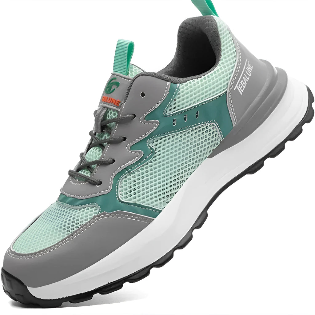 Green men's low-top safety shoes with mesh uppers and a plastic toe cap, shown on a white background.