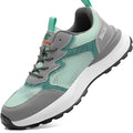 Green men's low-top safety shoes with mesh uppers and a plastic toe cap, shown on a white background.