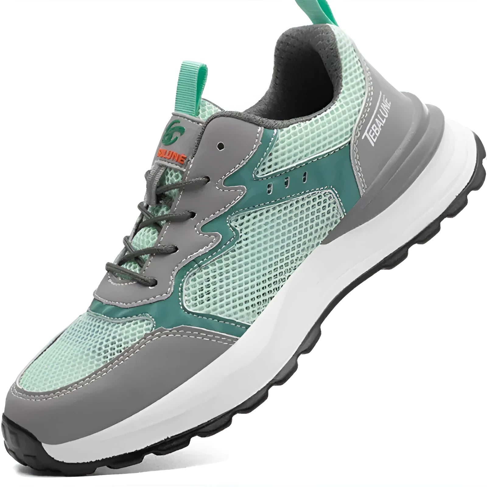 Green men's low-top safety shoes with mesh uppers and a plastic toe cap, shown on a white background.