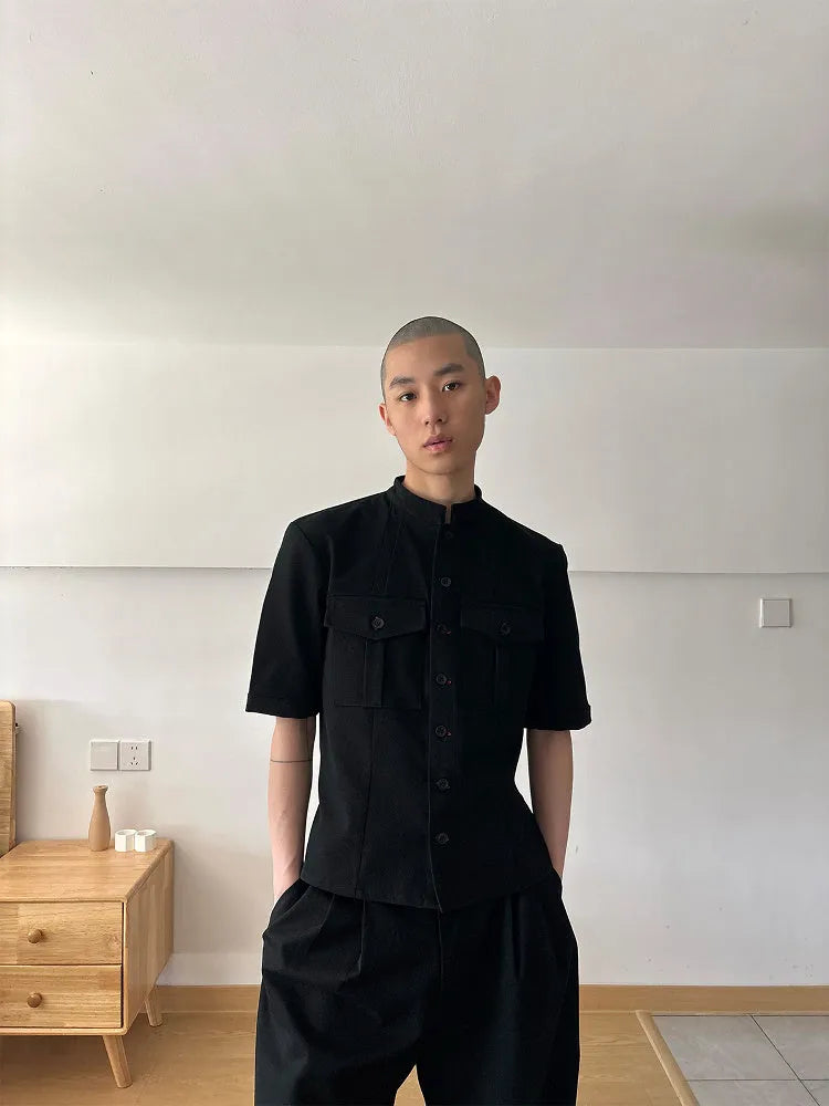 Black handmade red eye hunting shirt with half sleeves, shirt collar, and single-breasted placket.