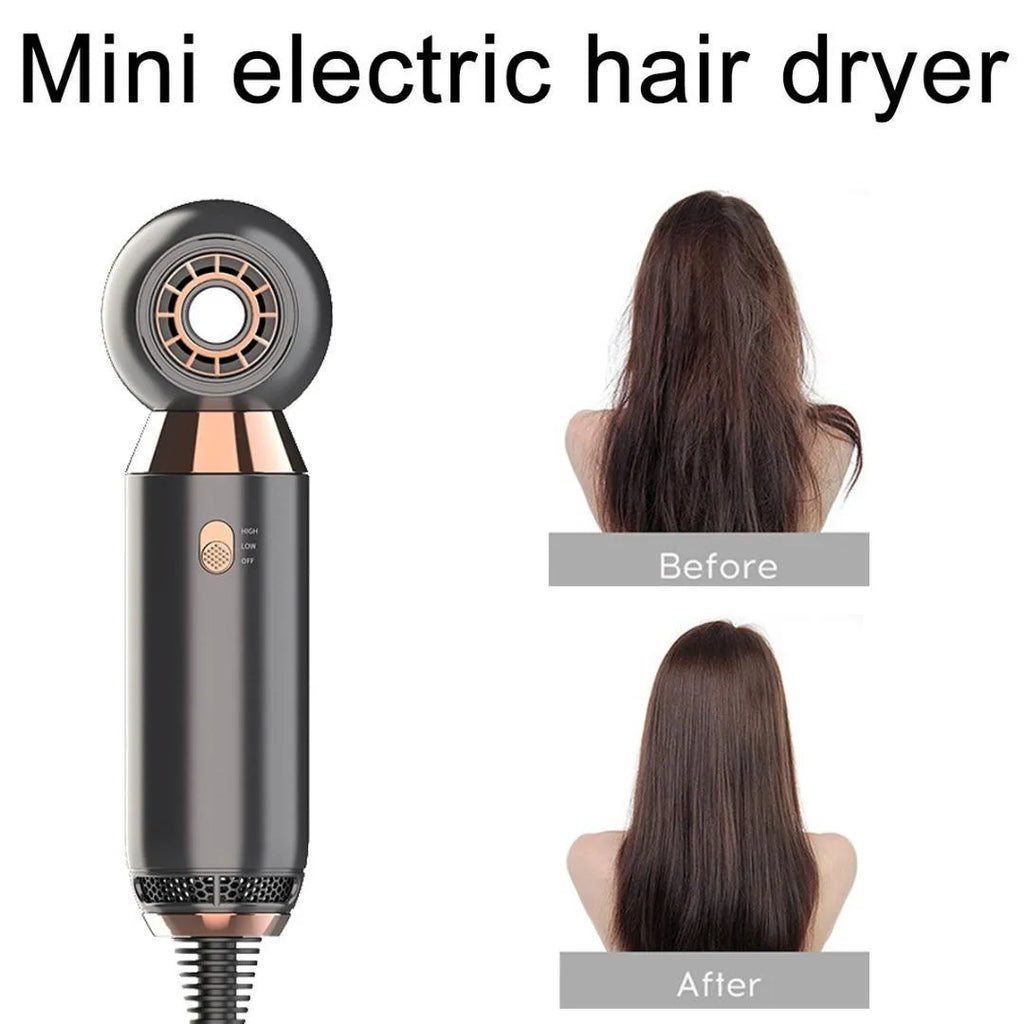 Compact leafless hair dryer with diffuser attachment, measuring 20cm