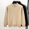 Men's loose fit grey stand collar cardigan with a full front zipper.