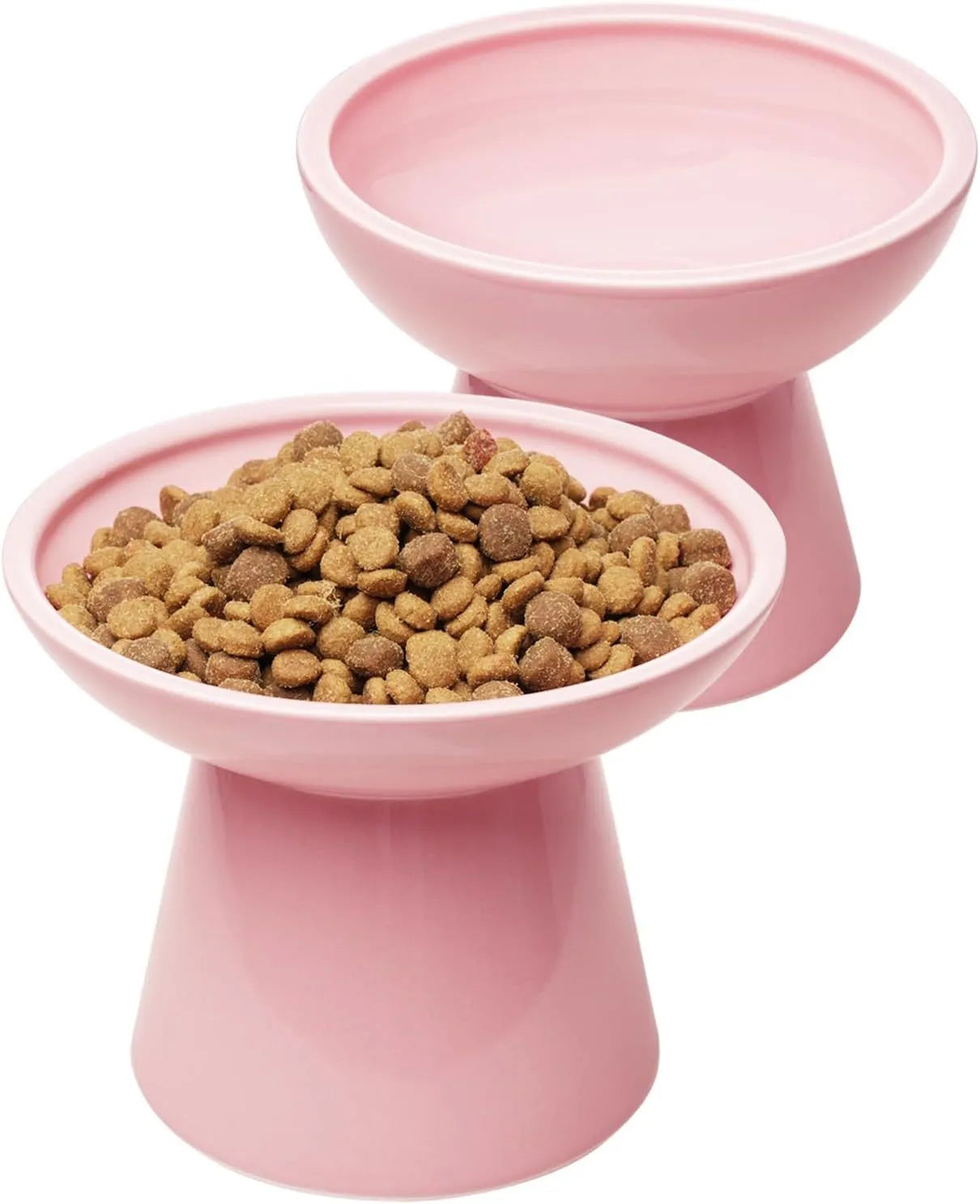 Wide shallow blue elevated ceramic bowl for cat food and water on a floor