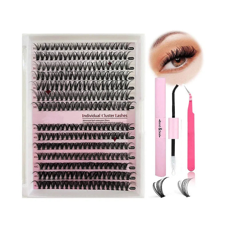 DIY cluster lashes mixed package showing 30D and 40D false eyelashes with tweezers