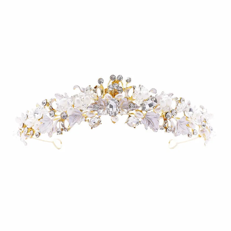 Pearl crown headdress hair accessory for women with electroplated gold finish and European-American style design