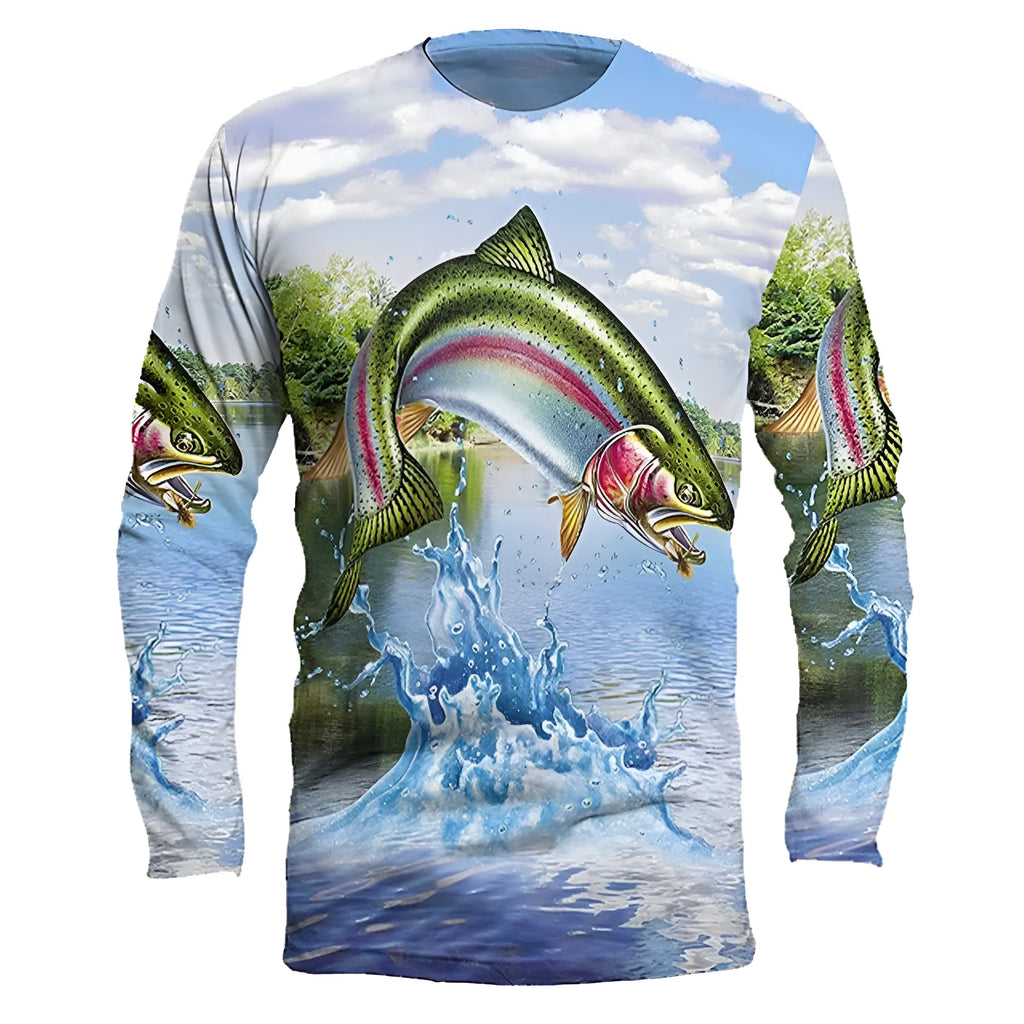 Man wearing a long sleeve grey pullover top with a printed fish design on the chest.
