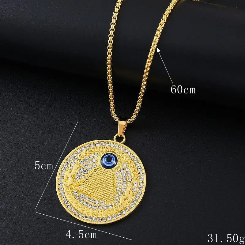 Gold geometric pendant necklace with inlaid zircon stones for women