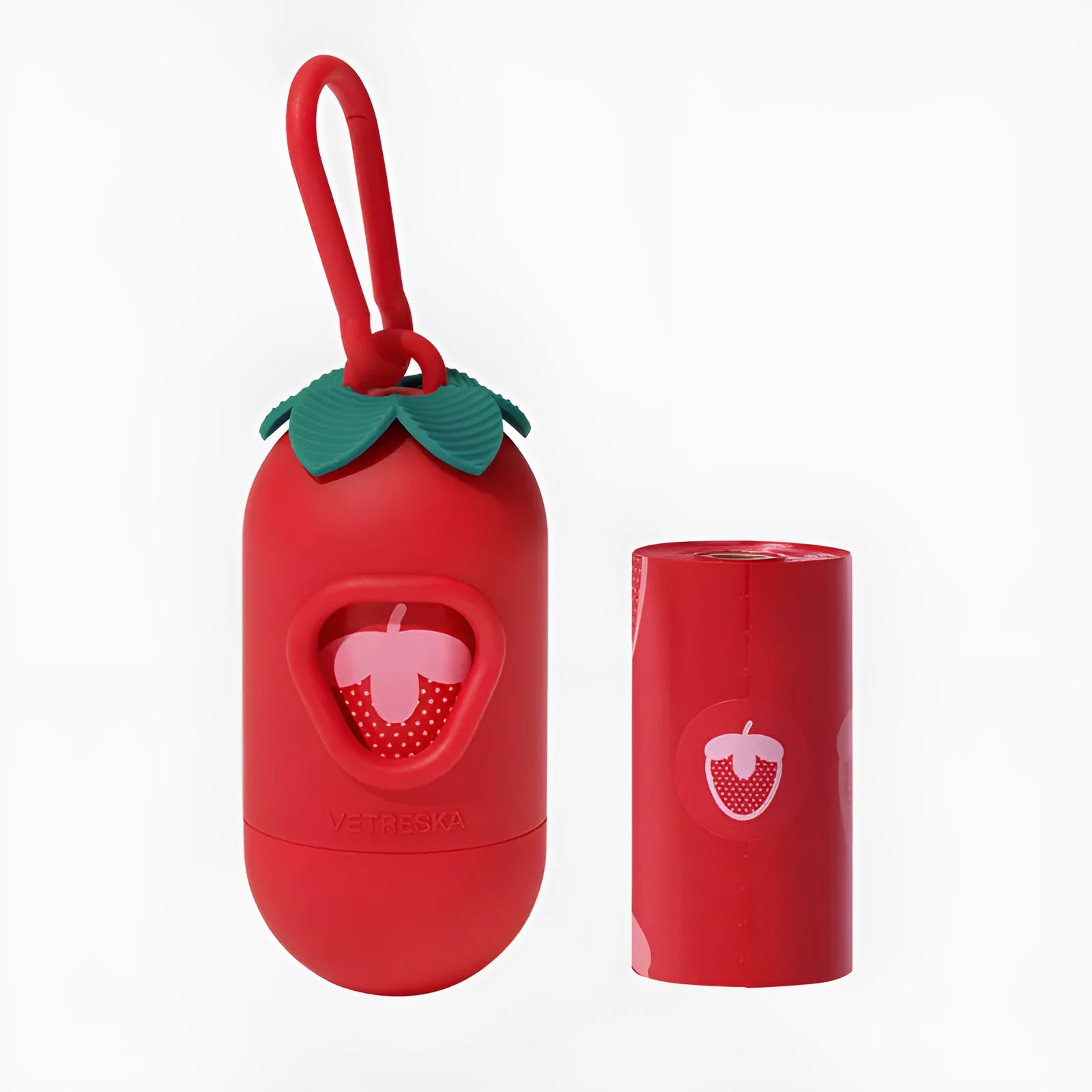 Dog poo bag dispenser capsule with strawberry pattern and roll of 15 biodegradable scented bags