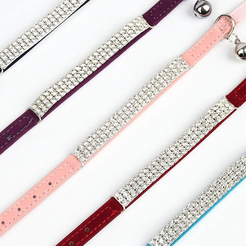 Adjustable velvet cat collar with rhinestone suede decoration in multiple colour options
