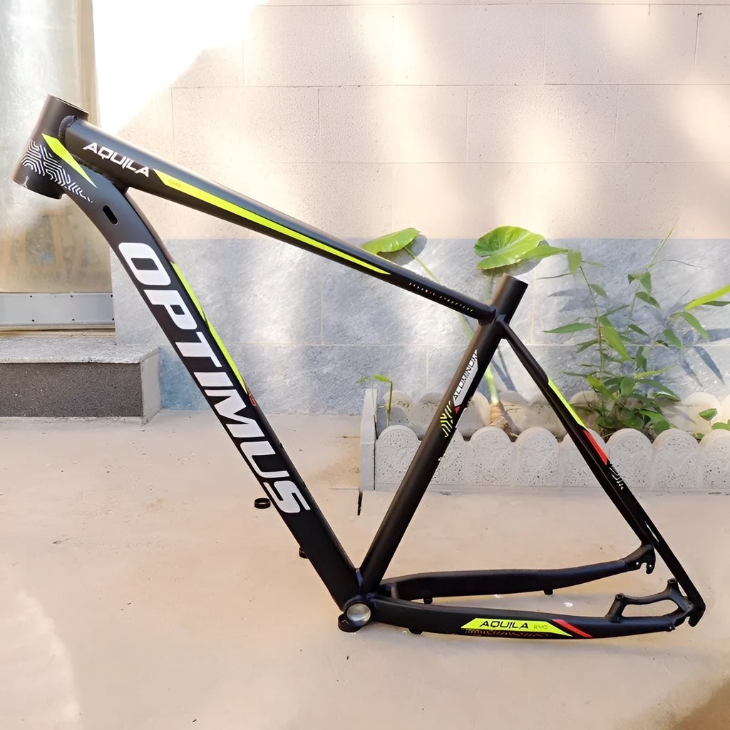 29-inch black green aluminium mountain bike frame with disc brake mounts and inner cable routing
