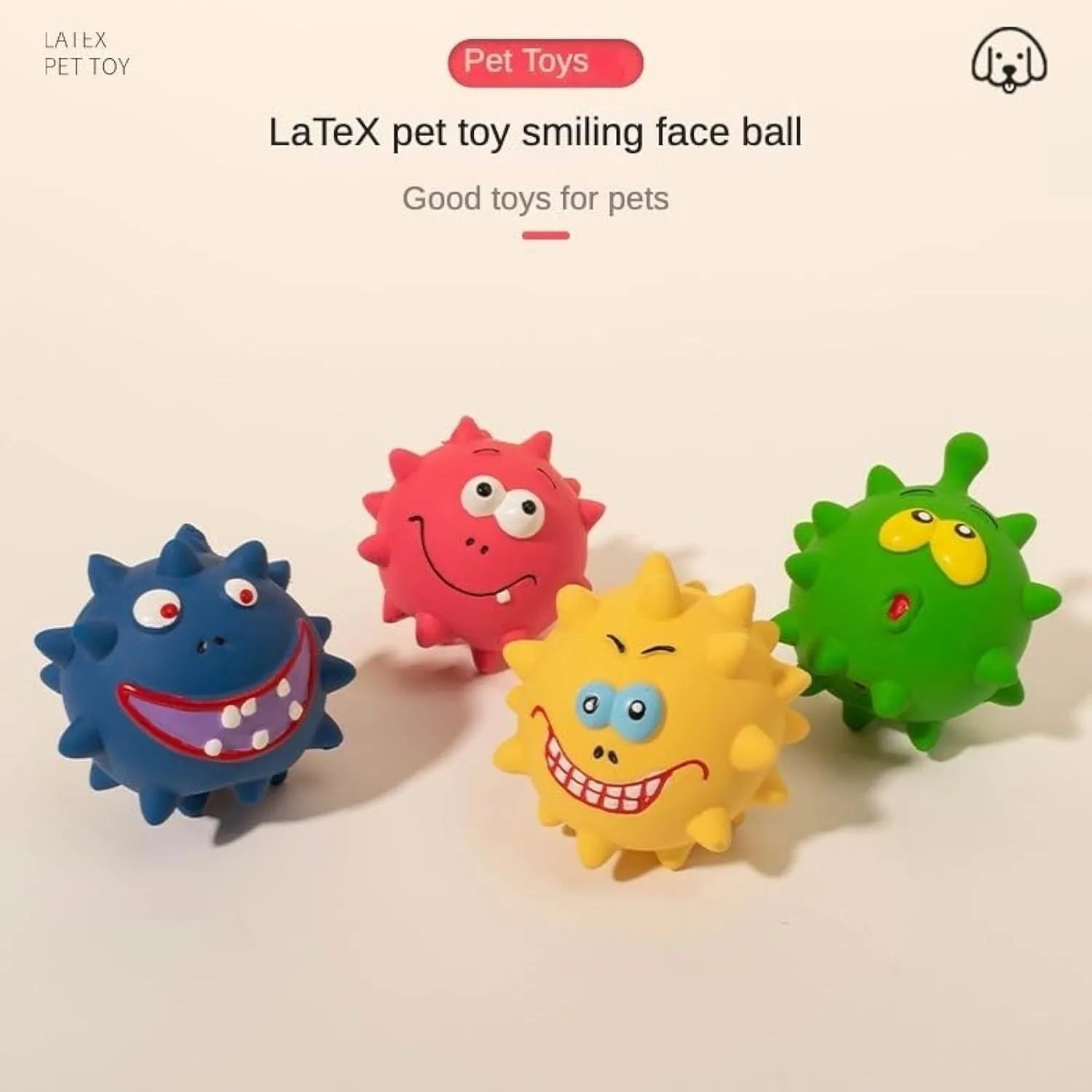 Set of four coloured squeaky dog balls with animal faces and bumpy texture