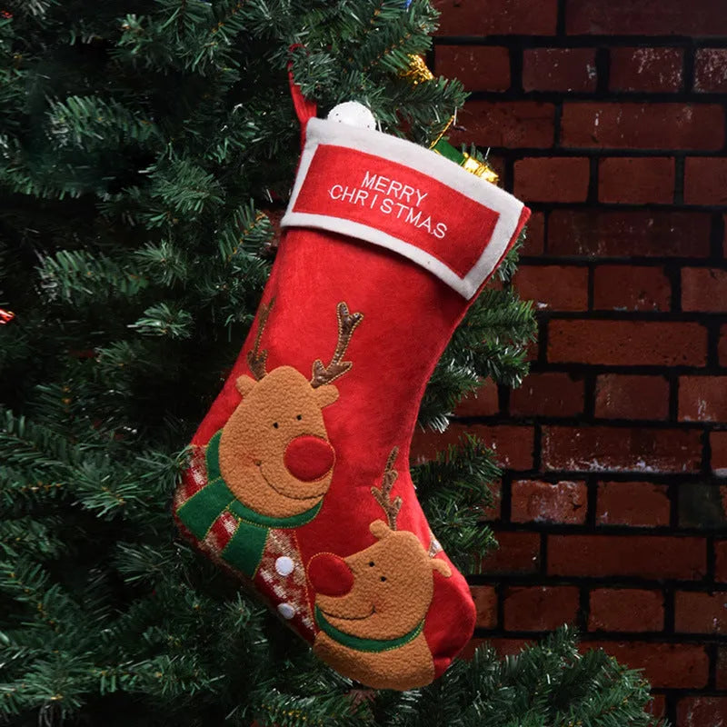 Christmas candy bag non-woven fabric decoration with elk, elderly man, or snowman design for holding stockings.