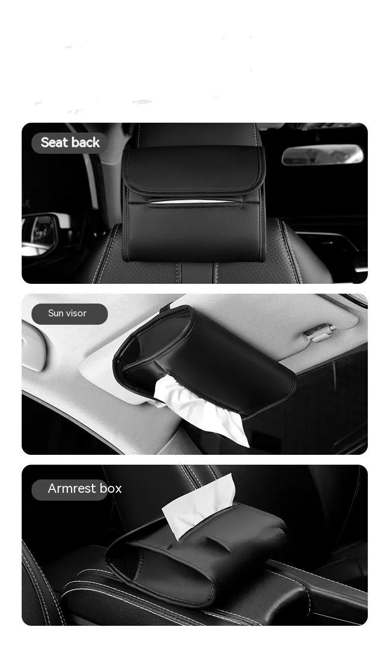 Leather car tissue box with elastic band button for sun visor or chair back mounting