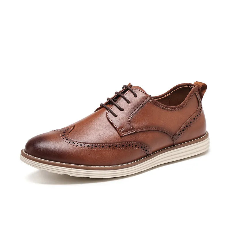 Men's black and brown slip-on business casual shoes with PU upper and carved detailing