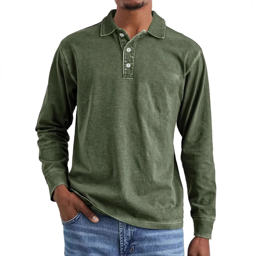 Retro washed distressed pure cotton long sleeve polo shirt with lapel collar in Army Green