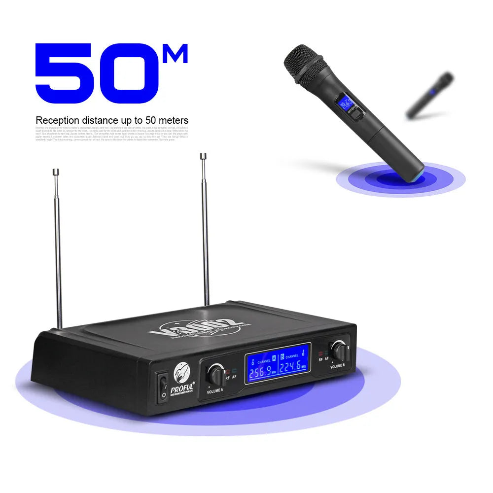 V-3002 black dual wireless microphone system with two handheld mics and transmitter unit