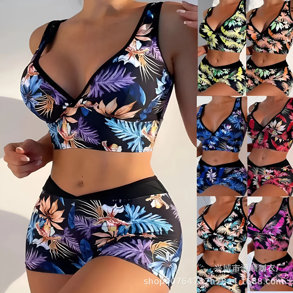 Women's two-piece swimsuit with printed boxer briefs and sleeveless top in multi-colour designs