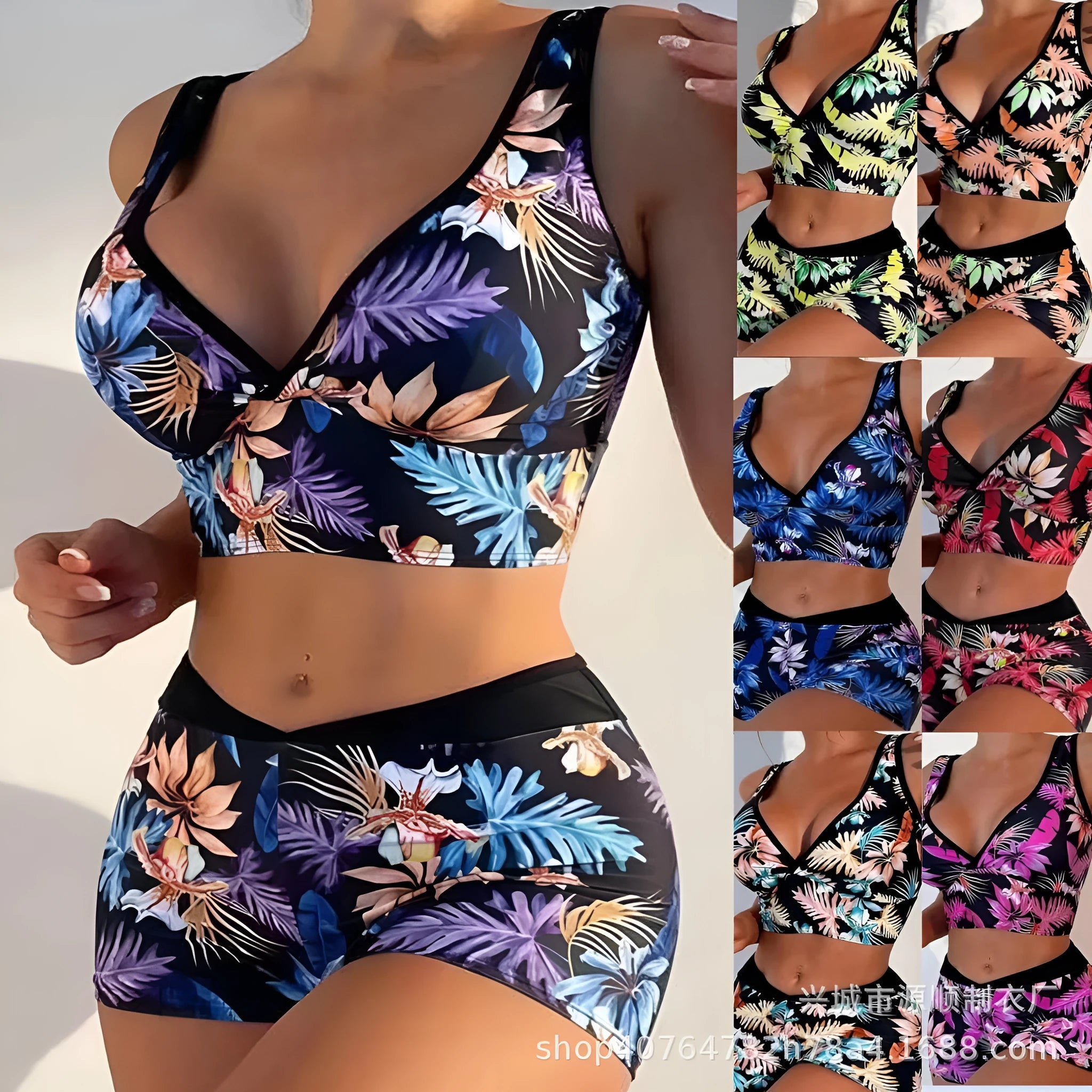 Women's two-piece swimsuit with printed boxer briefs and sleeveless top in multi-colour designs
