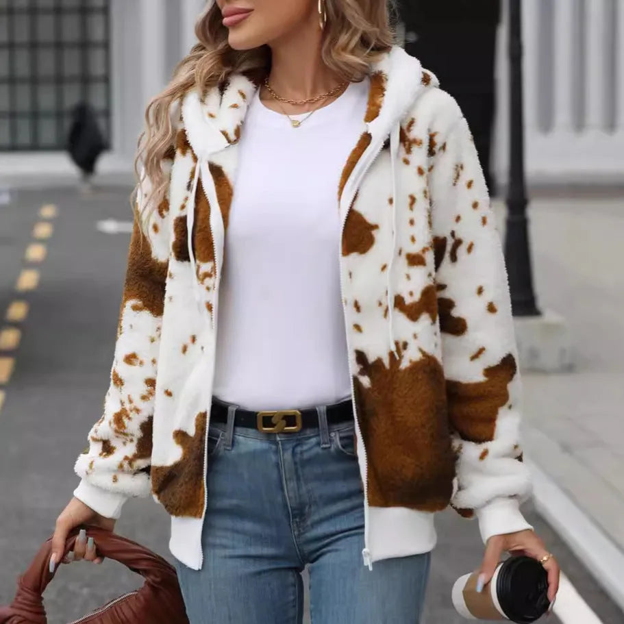 Yellow brown cow animal print hooded cardigan jacket with zipper closure