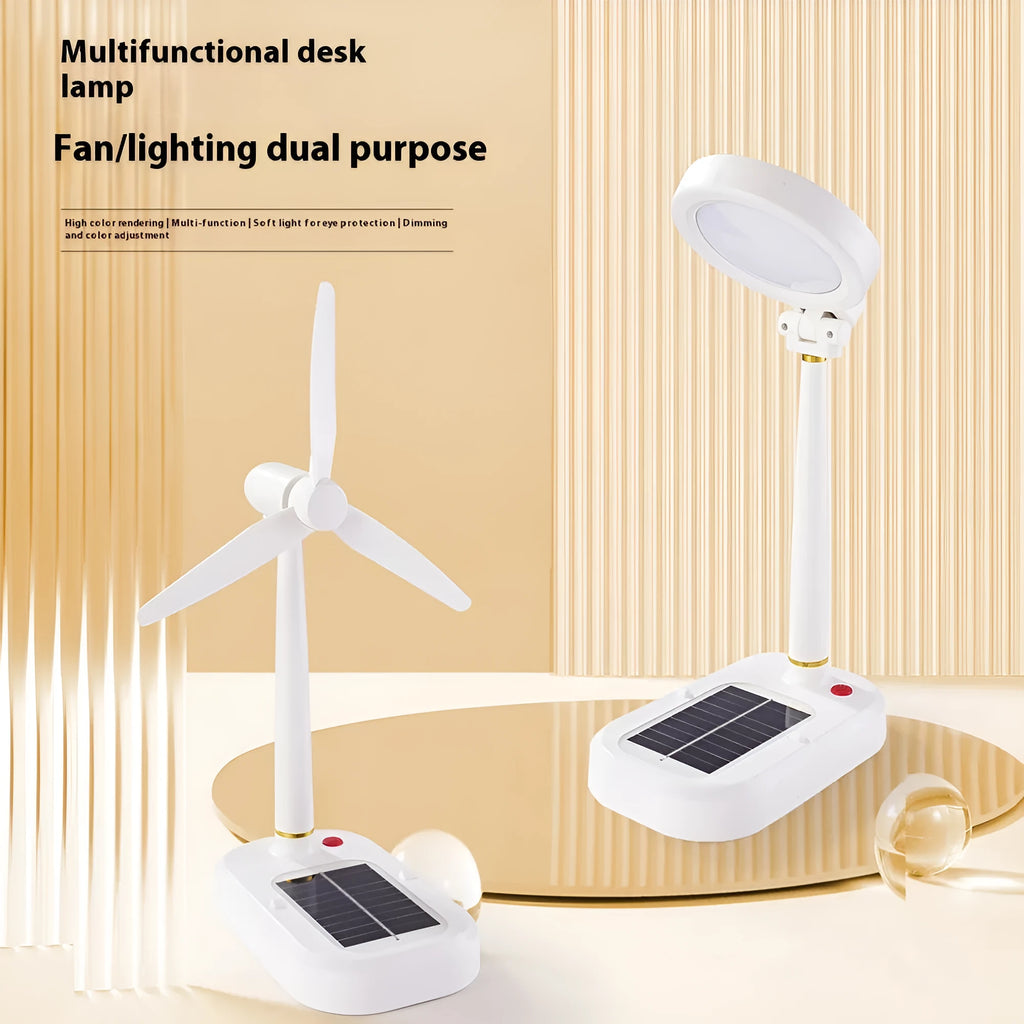 Ivory white solar-powered desk fan and LED study lamp with USB charging port.