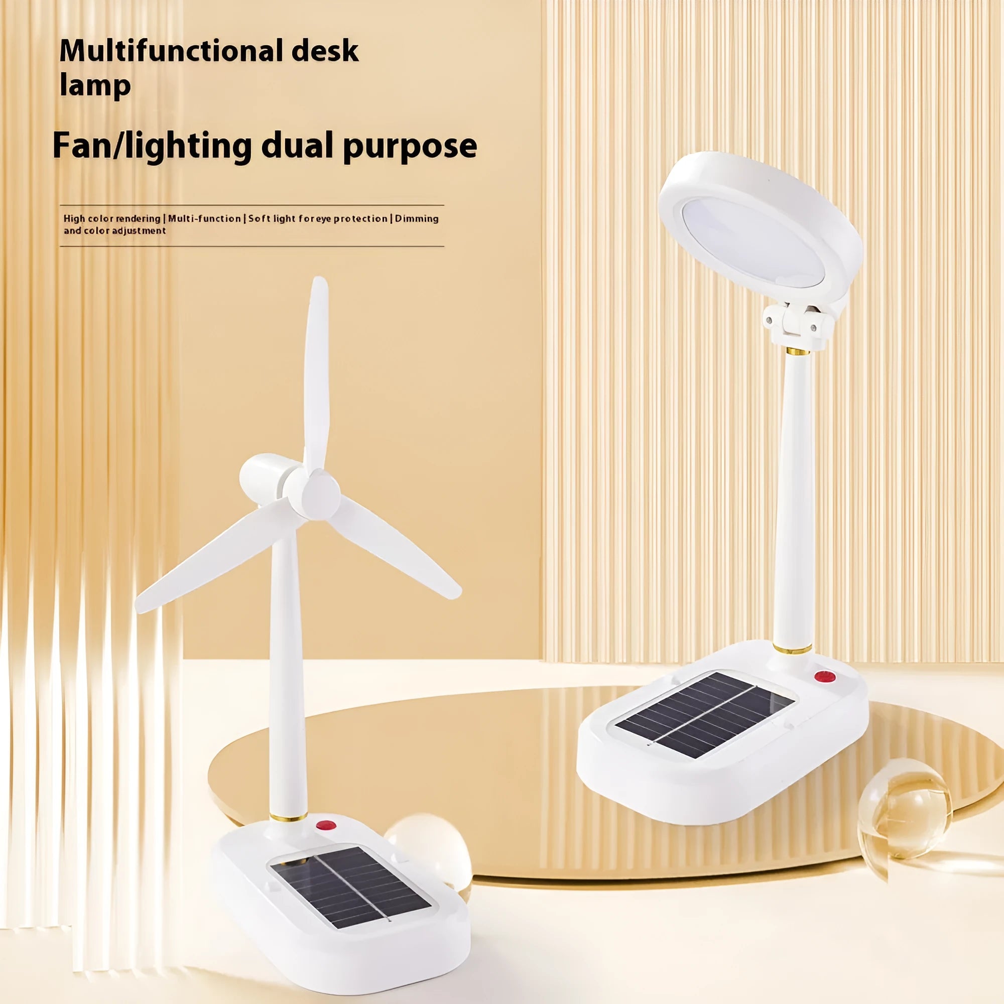 Ivory white solar-powered desk fan and LED study lamp with USB charging port.