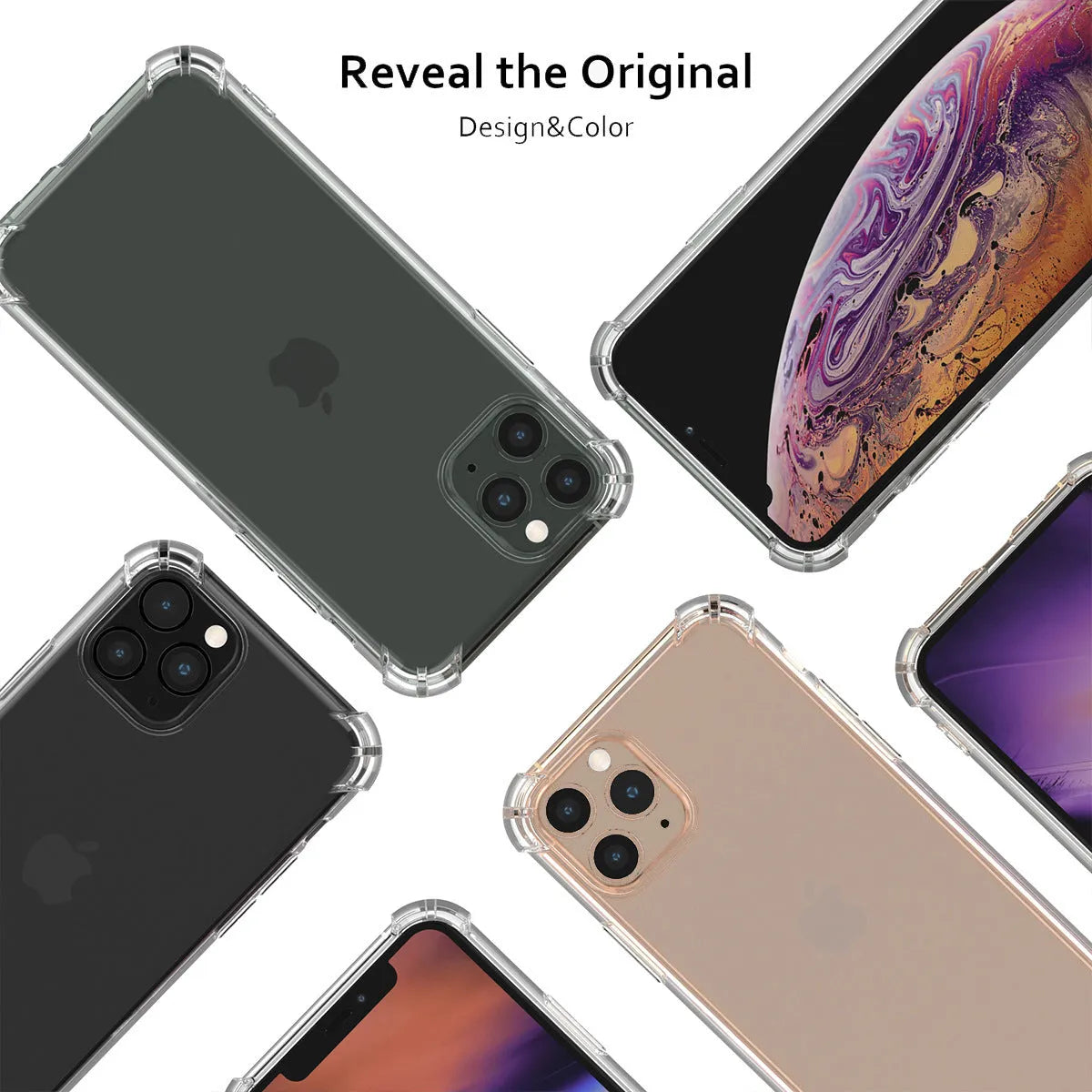 Clear transparent TPU shockproof phone case for Apple iPhone models on a table.