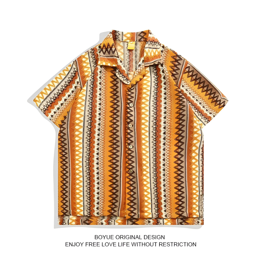 Ethnic style woven Cuban collar shirt with contrasting colours, loose fit, and short sleeves.