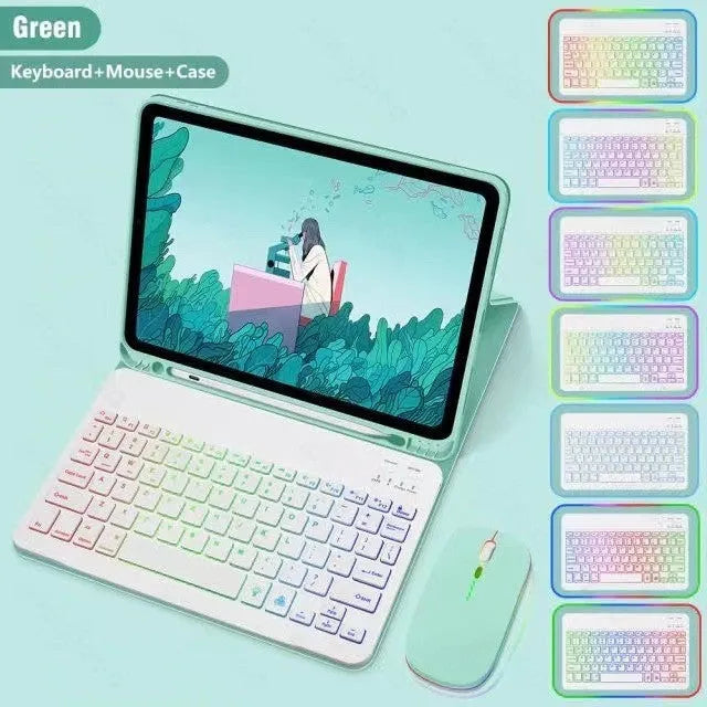 iPad leather protective case with integrated luminous RGB backlit Bluetooth keyboard and stand in multiple colour options.