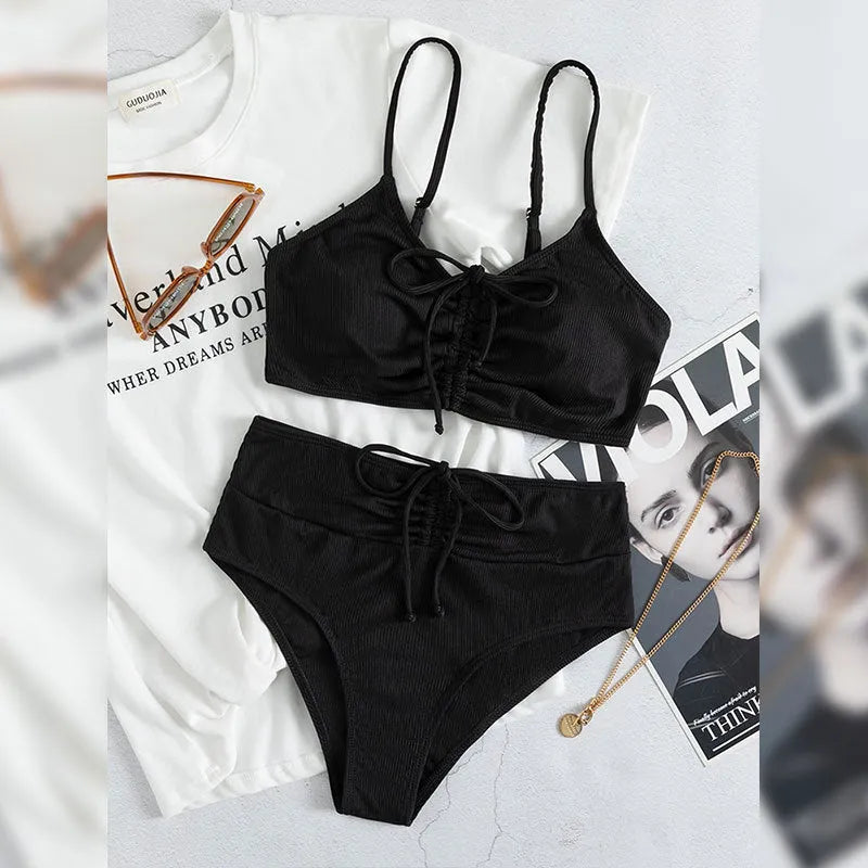 Black women's high waist sling split bikini swimsuit with sleeveless design