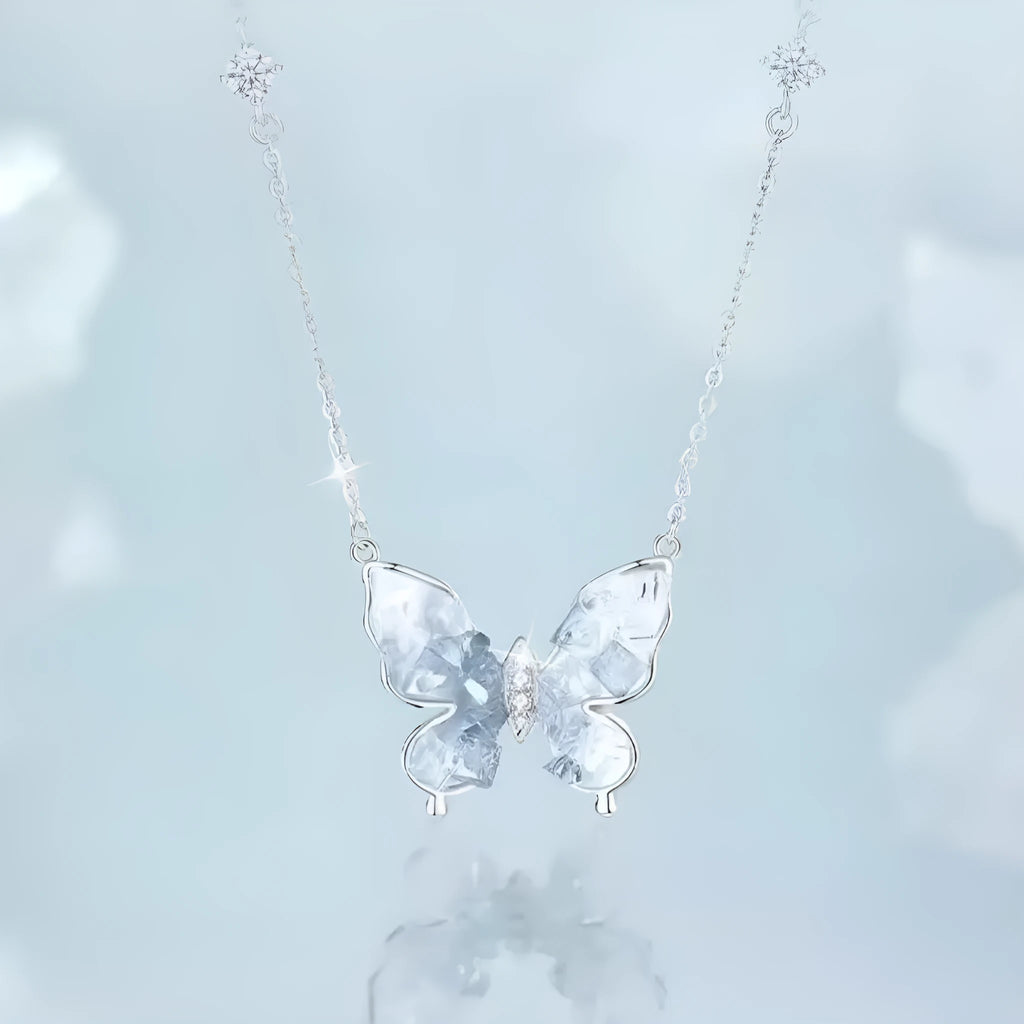 S925 silver necklace with crystalline ice rain butterfly pendant on an adjustable O-ring chain.
