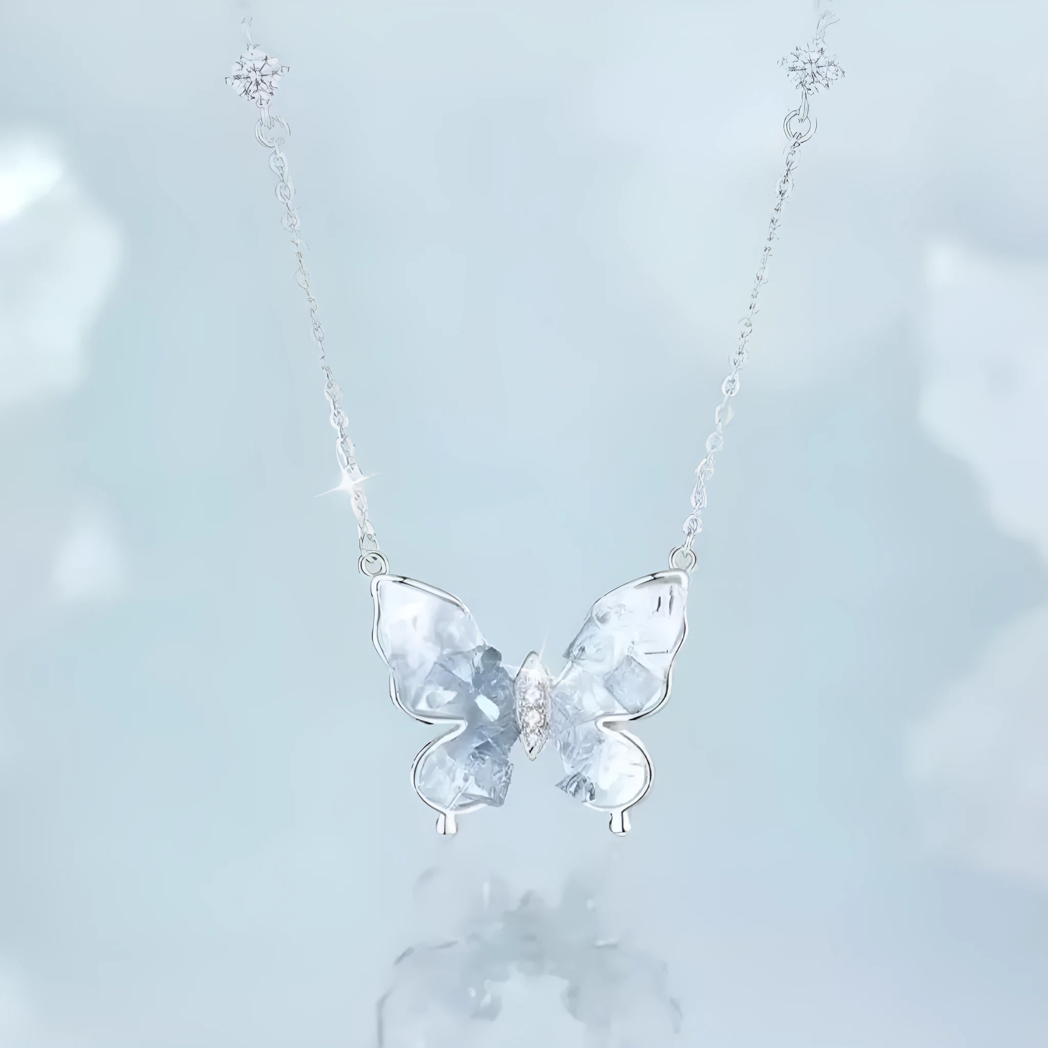 S925 silver necklace with crystalline ice rain butterfly pendant on an adjustable O-ring chain.