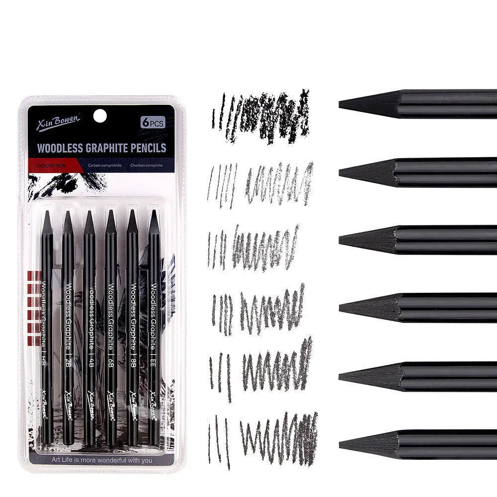 Set of six wood-free graphite sketching pencils showing HB, 2B, 4B, 6B, 8B and EE grades