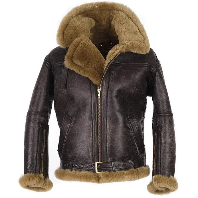 Men's brown synthetic leather fur coat with straight hem and side pockets