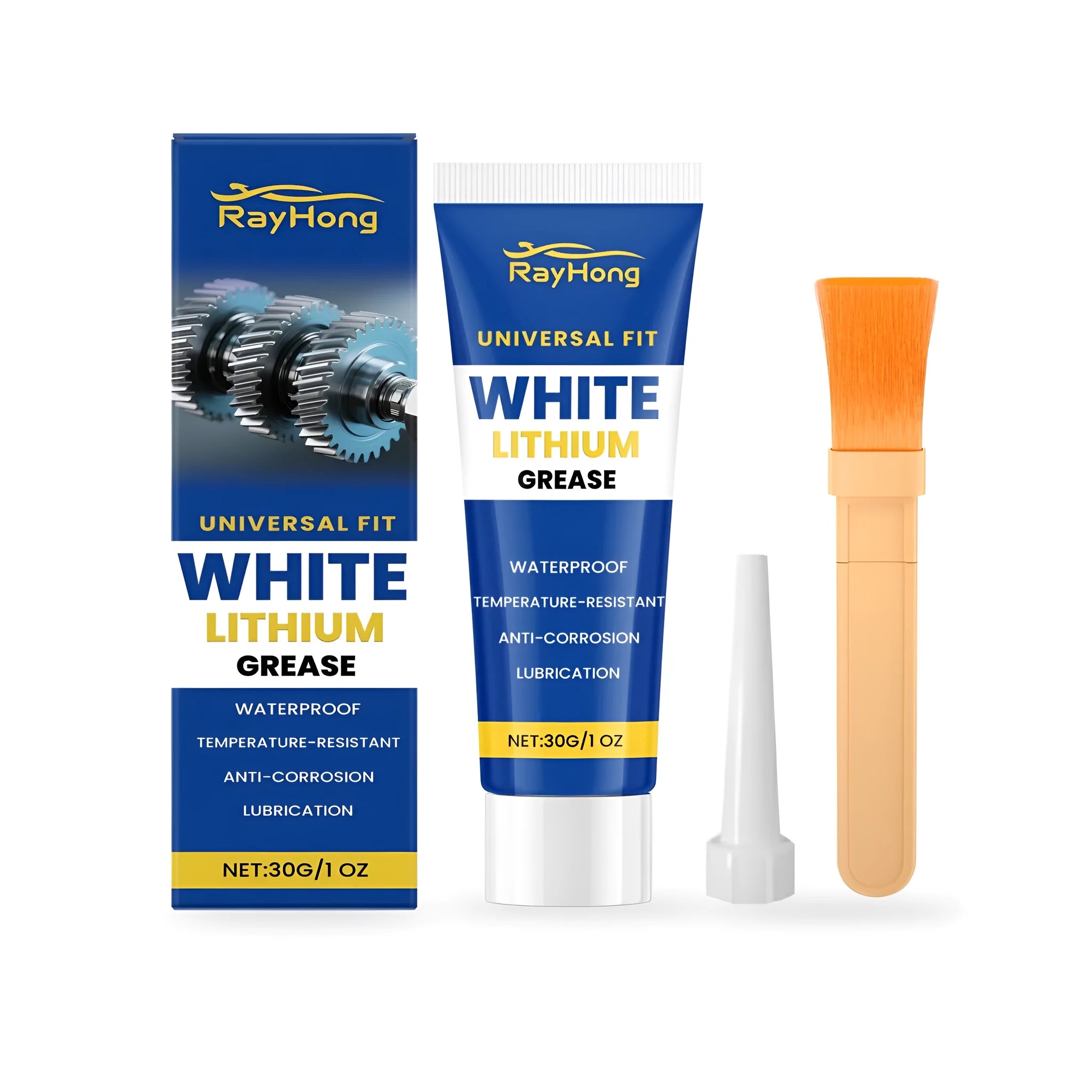 30g tube of white lithium automotive grease with a brush and an applicator nozzle tip.