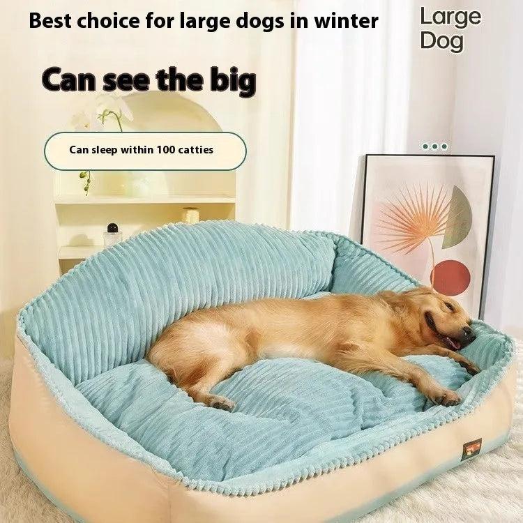 Morandi colour washable pet bed with kennel design on a sofa, shown in two sizes for dogs and cats.