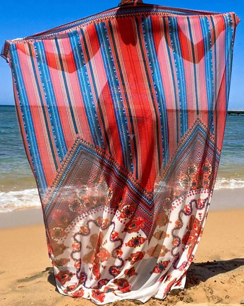 Women's three-piece swimsuit set showing high-waist bikini bottoms, cutout blouse top, and matching cover-up coat