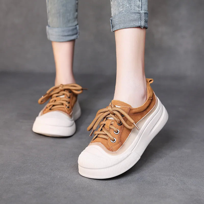 Women's yellow full grain cow leather lace-up casual shoes with round toe and rubber sole