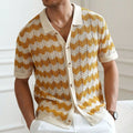Men's short-sleeve t-shirt with corrugated jacquard texture and flocking detail in yellow, blue, or brown.