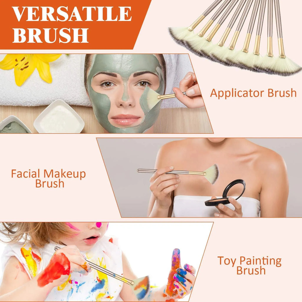 10 professional facial fan brushes with champagne finish handles and protective covers for makeup and treatment application