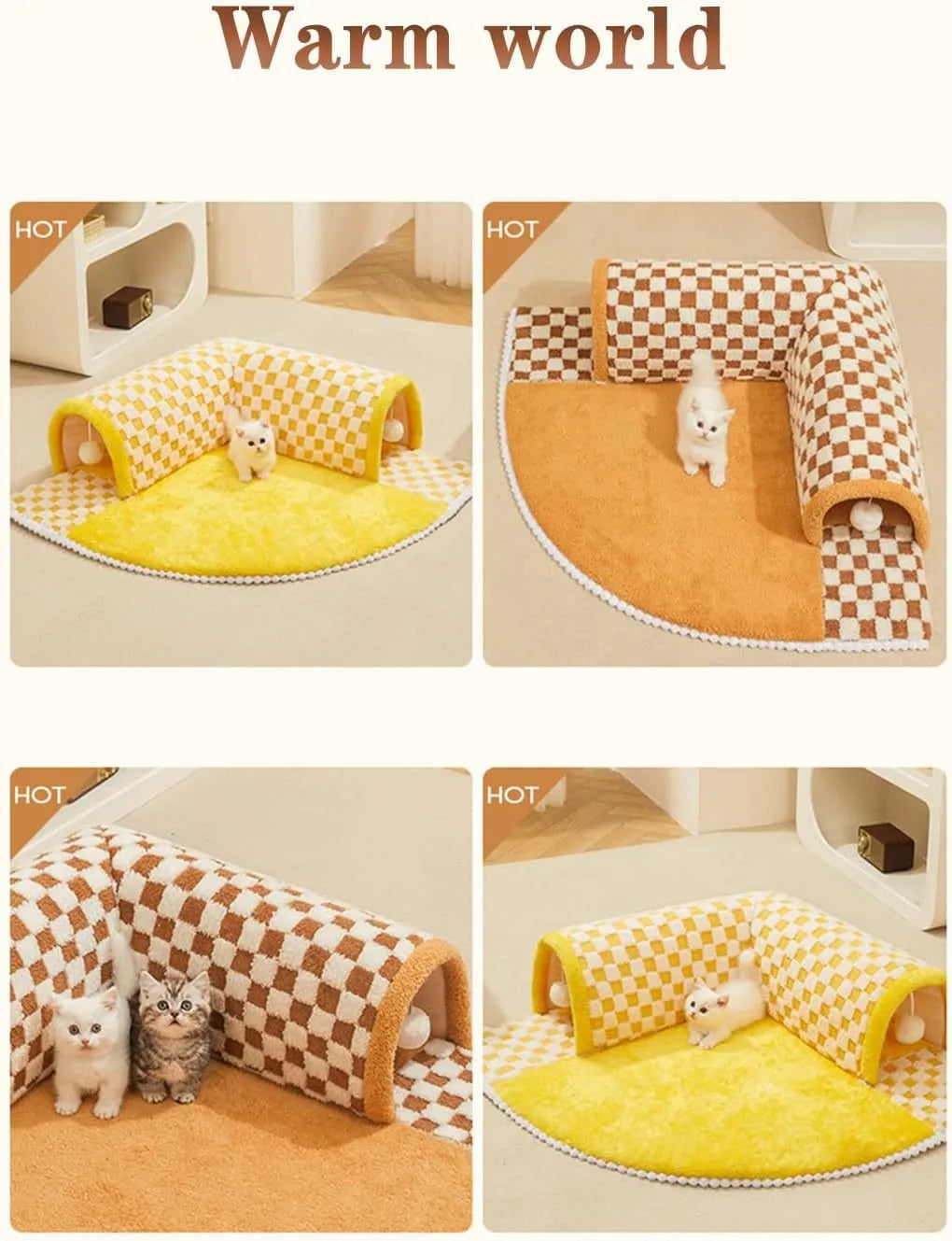 Brown plaid cat tunnel bed with central mat showing collapsible tunnel tube and non-slip bottom