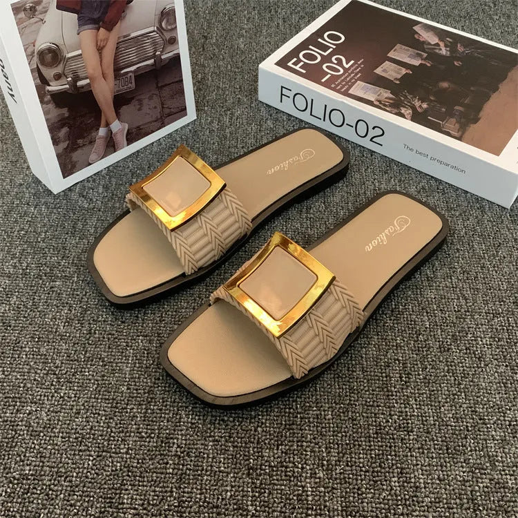 Women's casual summer flat slippers with PVC sole in apricot, black, and khaki colour options