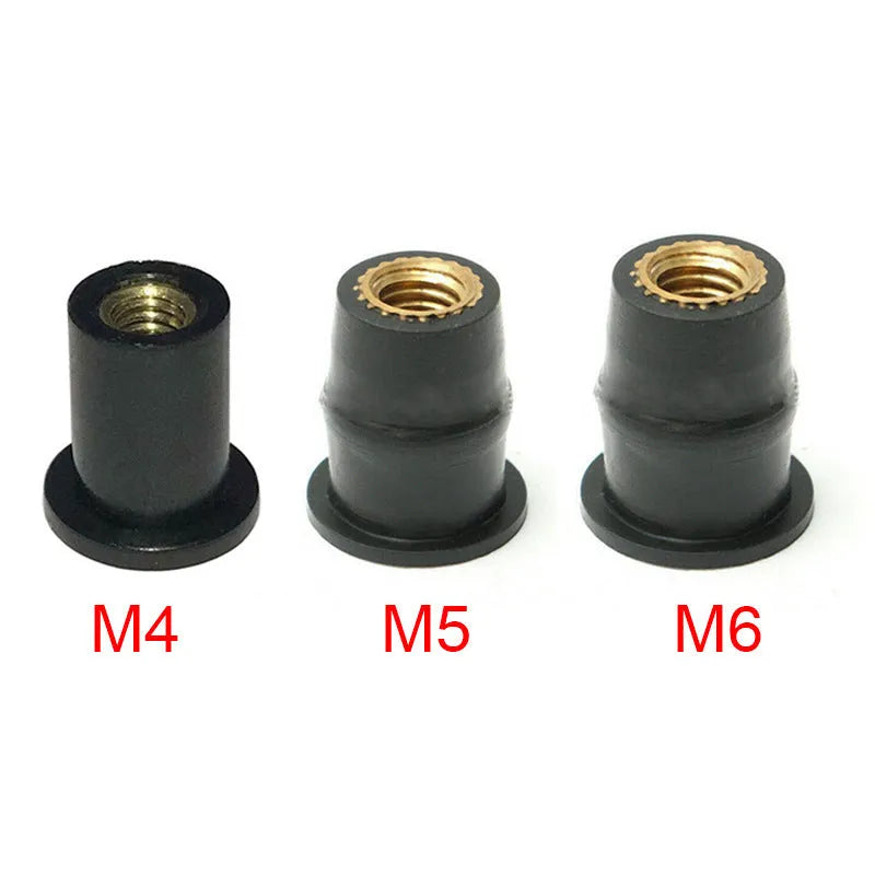 Black motorcycle well nut fasteners with brass inserts in M4, M5, and M6 sizes
